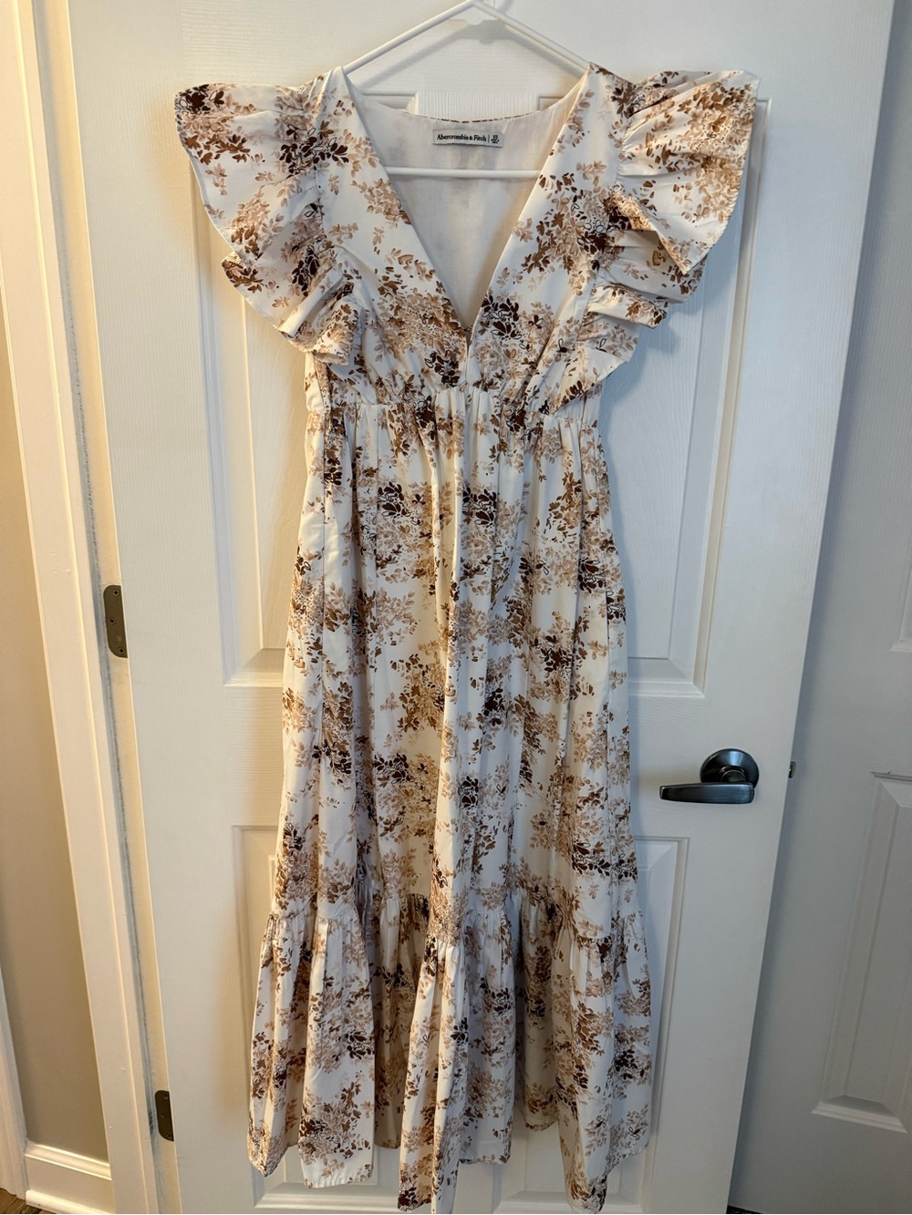 Abercrombie & Fitch Cream and Brown Floral Maxi Dress with Ruffle Sleeves